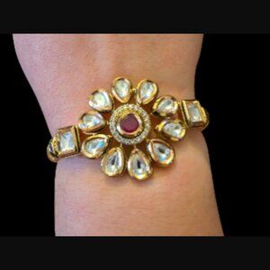 Kudan Gold Plated Ruby And CZ Hinged Bangle Bracelet 6.25"
